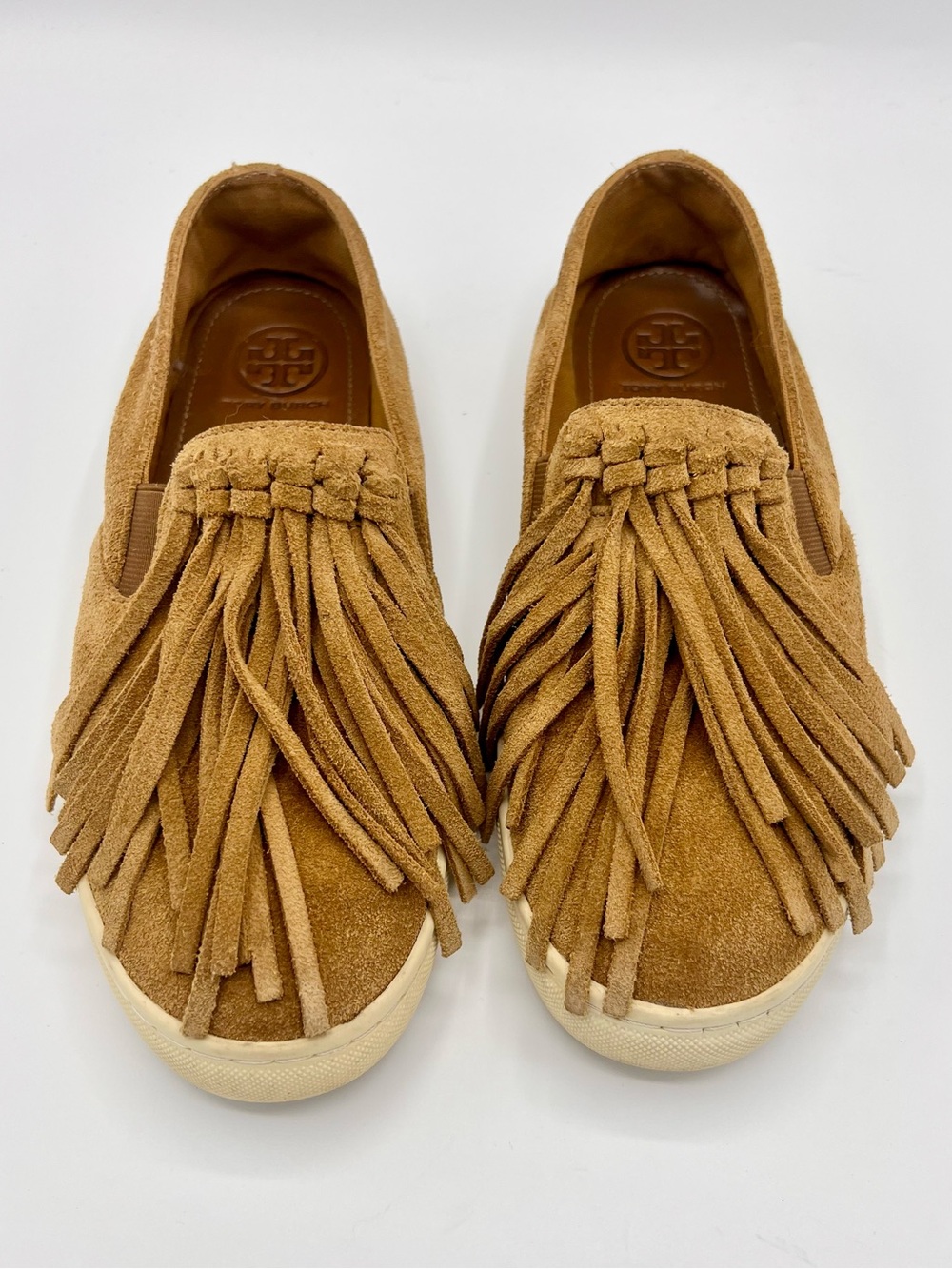 Tory Burch fria fringe suede slip on sneaker raw umber slip on shoes Sz 9